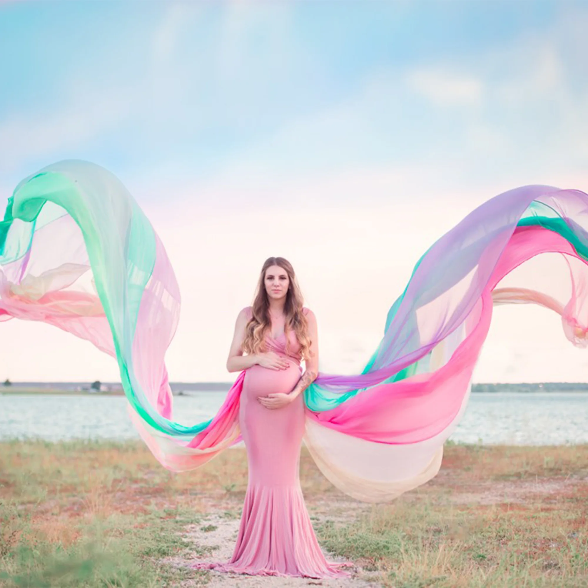 Don&Judy Rainbow Maternity Dresses Long 4 Meters Cape Cloak For Maternity Photography Photo Shoot Studio Baby Shower 2023