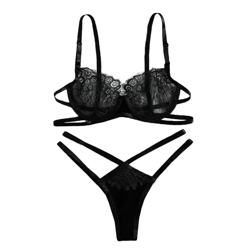 

Sexy Black Hollow Women's Three-point Two-piece Suit Lace Floral Lingerie Bra And Panty Set