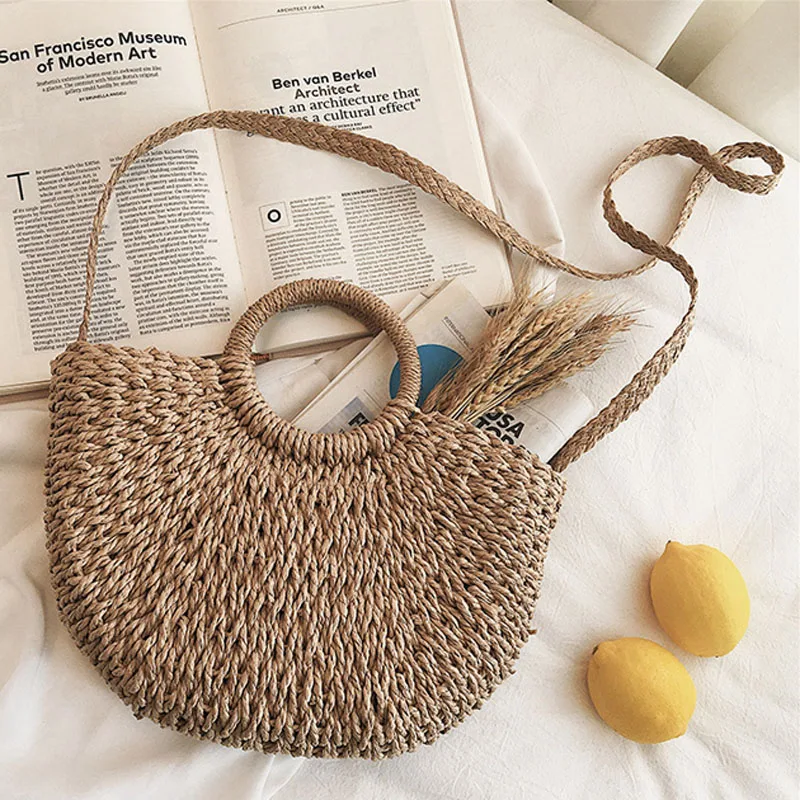 Женская Плетеная соломенная сумка ручной работы полукруглая через плечо пляжная