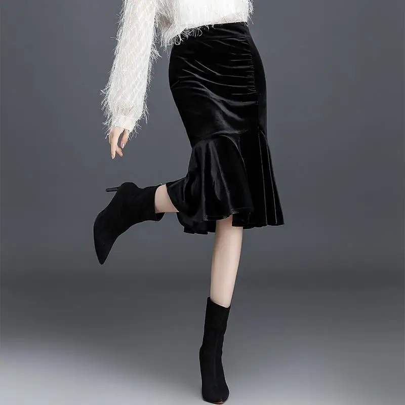 

2021 Women Autumn Winter Casual Elegant Gold Velvet Skirt Female Slim High Waist Solid Knee-length A-line Mermaid Skirts Y580