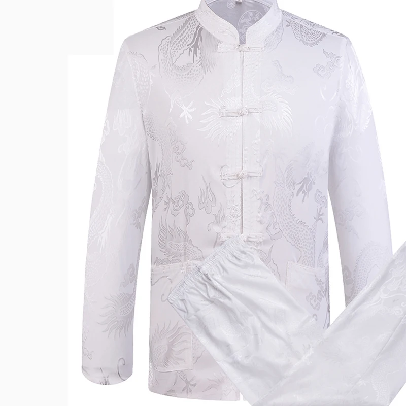 Gray Chinese Dragon Men's Tang Suit Sets Long Sleeve Shirt Long Pants Dragon Kung Fu Suit High Quality Silk Wu Shu Tai Chi Sets