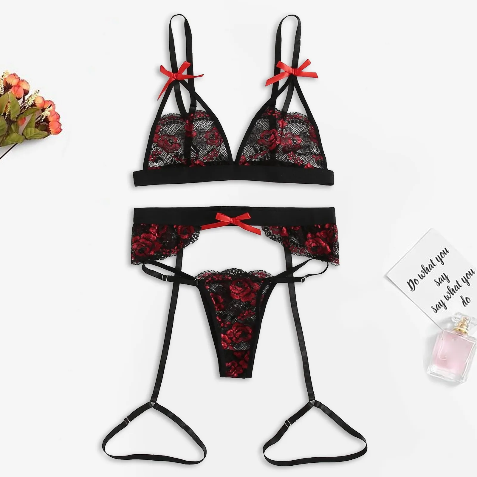 

Rose Sexy Lingerie Set Women's Underwear Hollow Lace Bra Thong Erotic Lingerie Set Porno Babydoll Lenceria Mujer Sexy Costumes