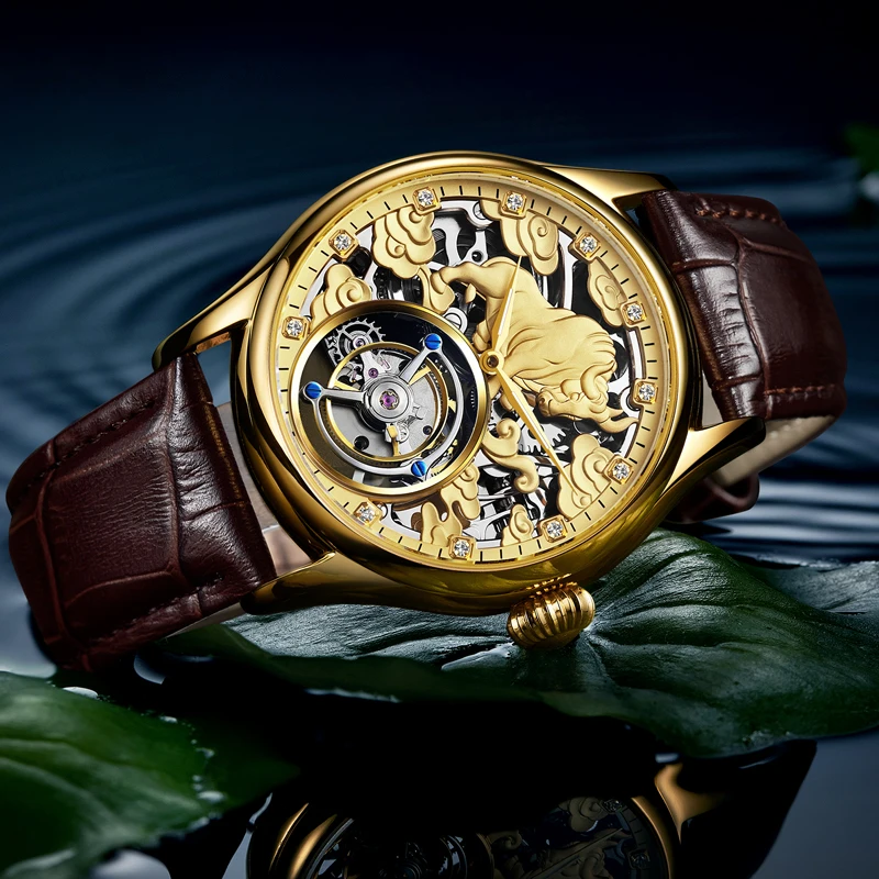 

Tourbillon Watch Automatic Mechanical Hollow Embossed Cow Luxury Brand Business Men Watches Unique Personality Domineering Watch