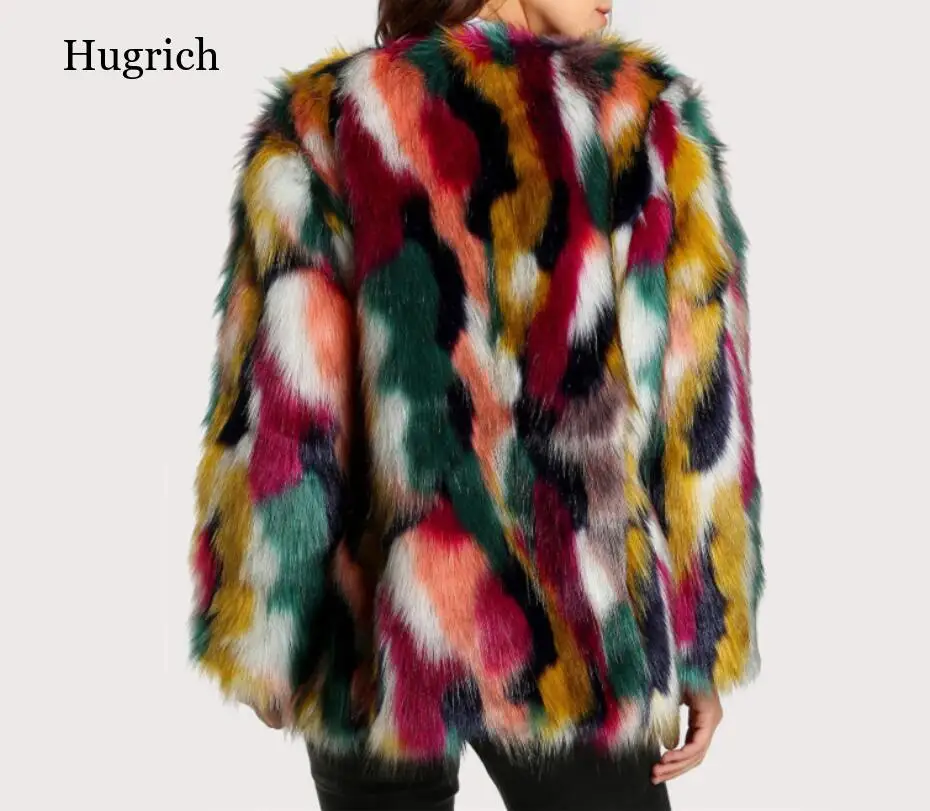 Модное контрастное пальто из искусственного меха разных цветов длинная пушистая