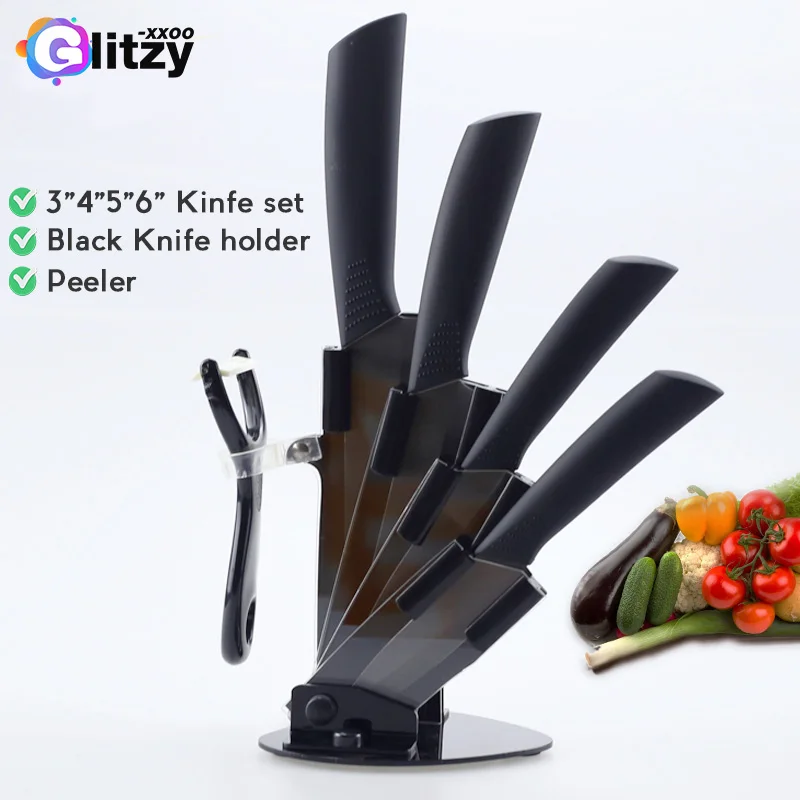 

Ceramic Knife Chef Fruit Zirconia Kitchen Knife 3" 4" 5" 6" inch + Holder + Peeler Set Black Blade Colorful Handle Cooking Tool