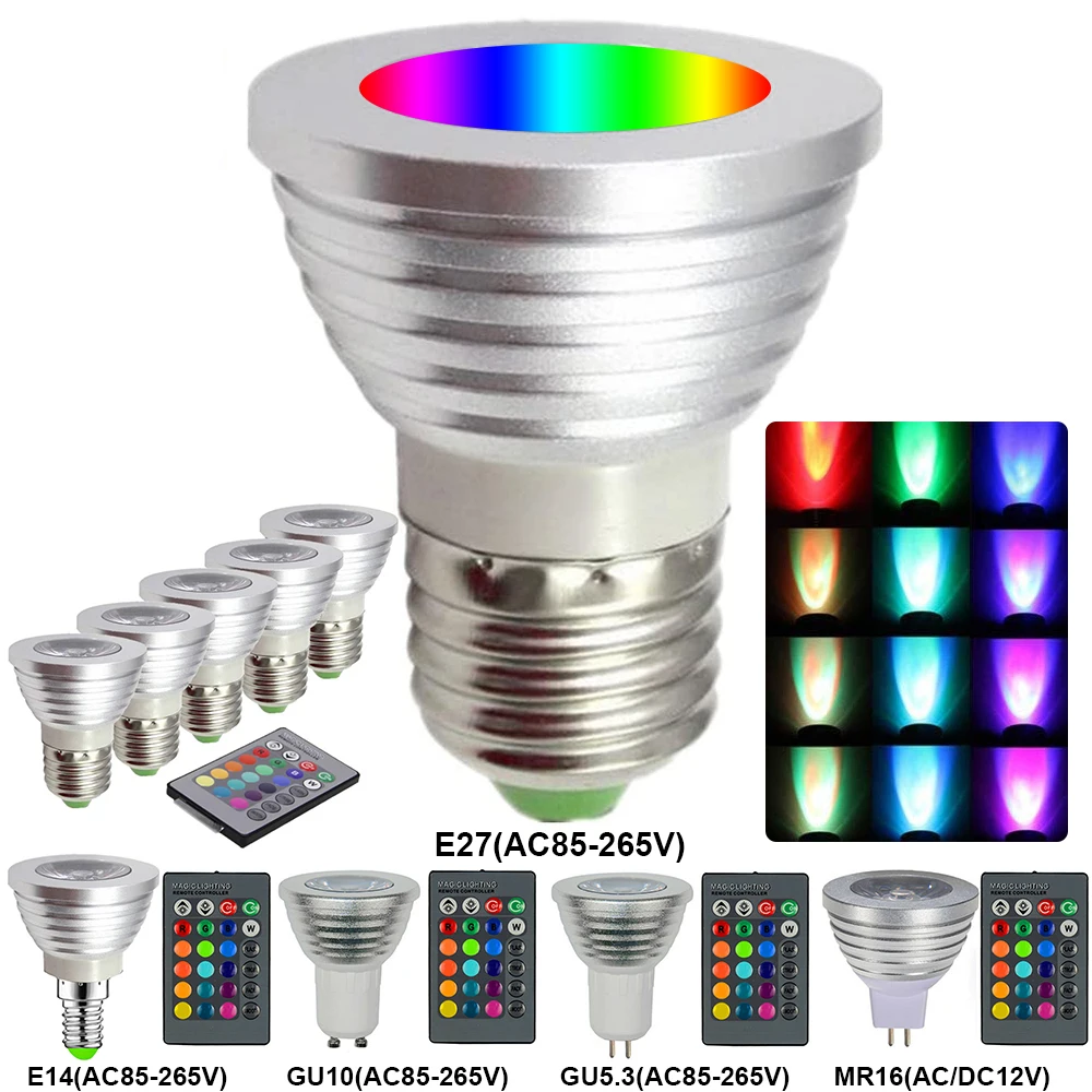 

3W RGB LED Lamb Bulb E26/E27 E14 GU10 GU5.3 MR16 Color Changing Spotlight Remote Control Dimmable AC85-265V RGB LED Bulb Bedroom