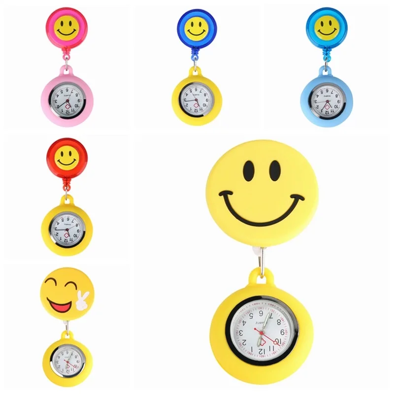 

Fashion Yellow Cute Smiling Clip-on Fob Brooch Pendant Hanging Quartz Pocket Adjustable Watch For Medical Doctor Nurse Watches