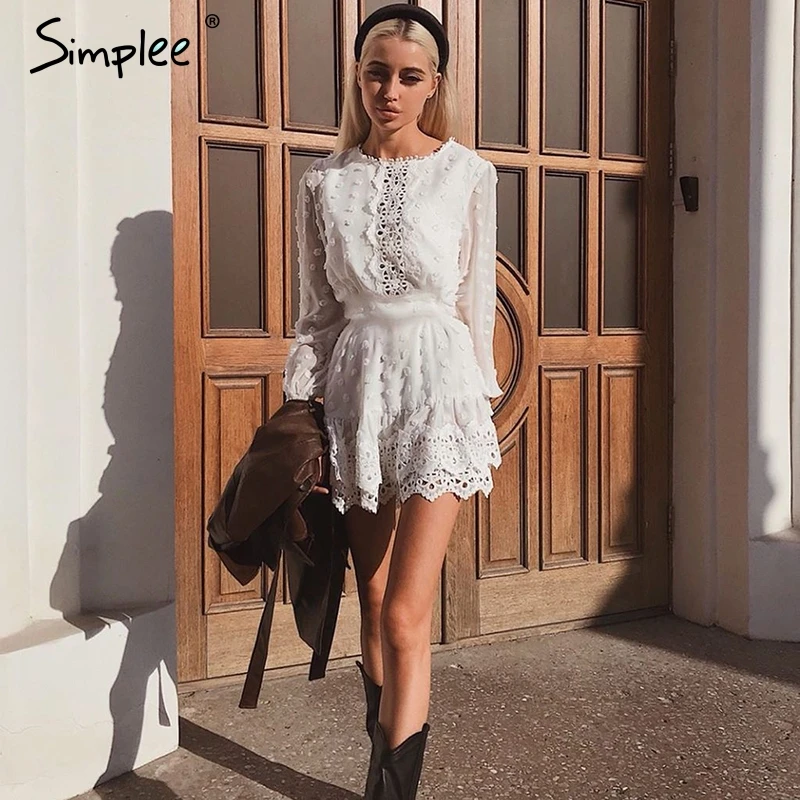 Simplee сексуальный белое шифоновое платье с длинными рукавами и кружевными платьями женщин