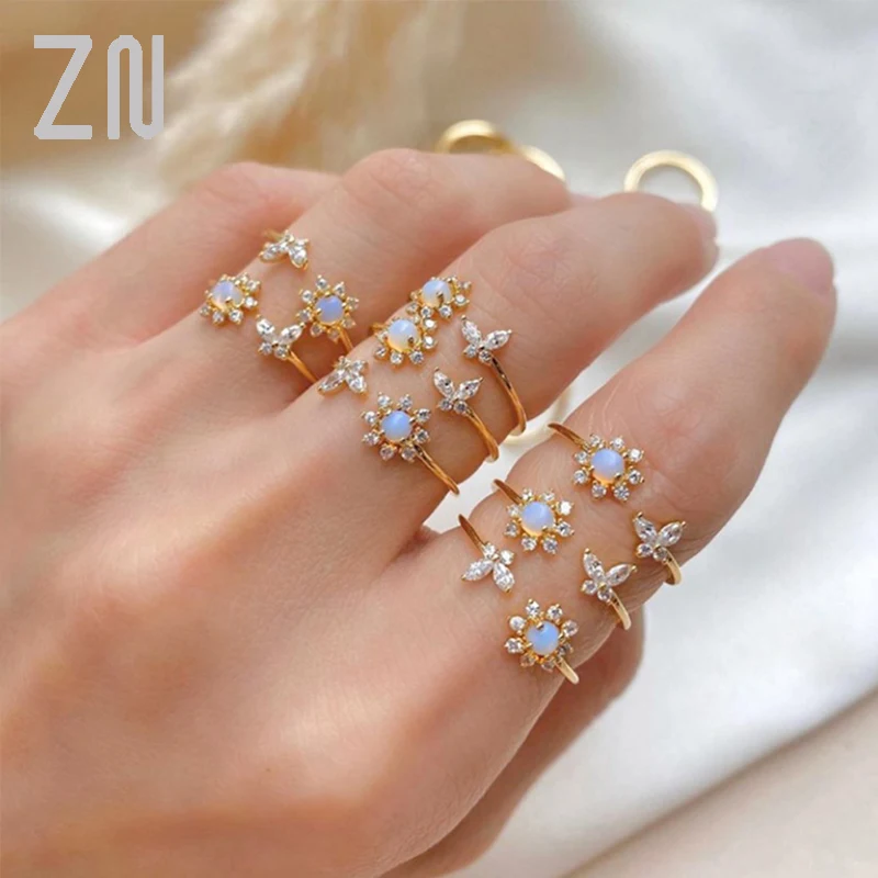 

ZN Simple Sweet Australian Crystal Sunflower Ring Female Anniversary Gift Jewelry Fashion Golden Opal Engagement / Wedding Rings