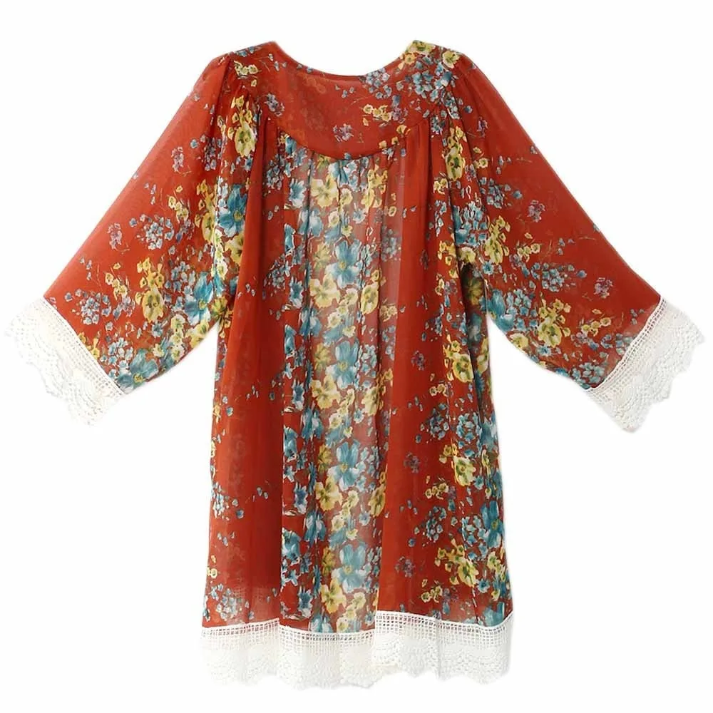 Шифоновая кружевная накидка кардиган с принтом солнцезащитное пляжное кимоно