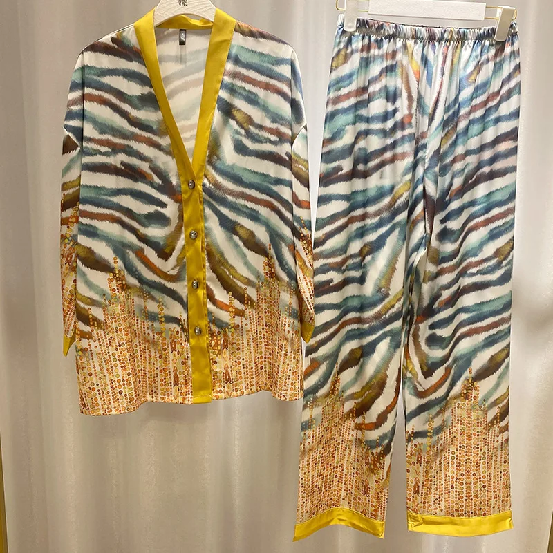 New pajama women long sleeves pants gradient cardigan two sets of fashionable sexy ice silk pajama set