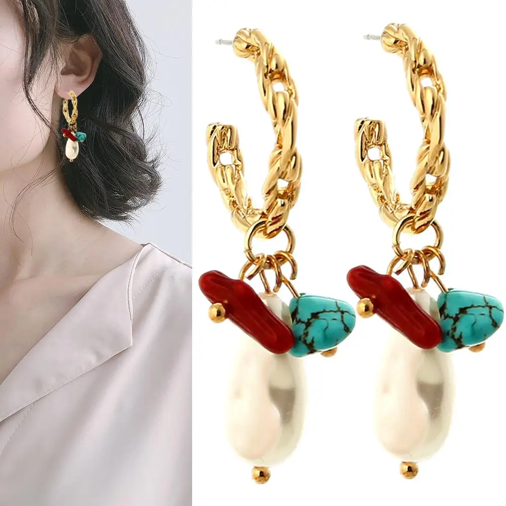 

Women Personalized C-shaped Metal Natural Stone Faux Pearl Earrings Jewelry Gift Earrings Gift For Friends Women Jewelry Gift