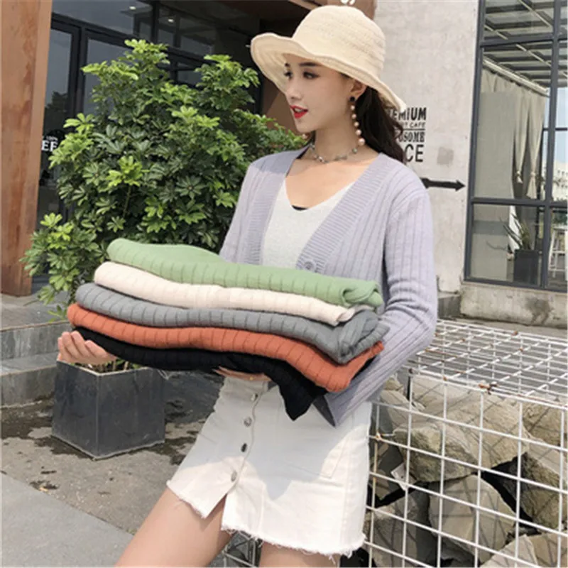 2019 новый свитер куртка кардиган женский укороченный длинный рукав Трикотажный