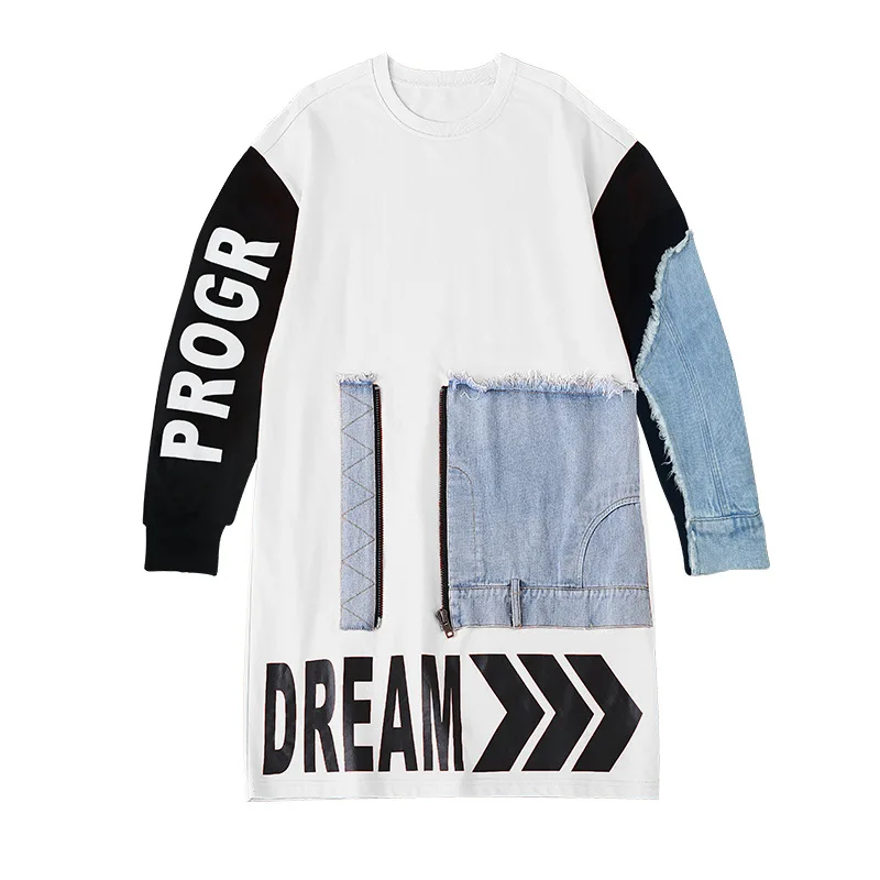 

Long-sleeved t-shirt women summer 2020 new loose mid-length fashion brand printed stitching denim t-shirt skirt