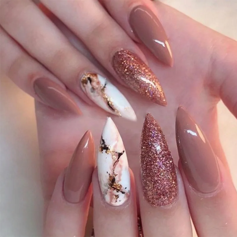 

Coffin Nail Piece 24 PCS Adhesive Pointed Tip Glossy Press on Nails Long False Nail Patch Full Cover Manicure DL