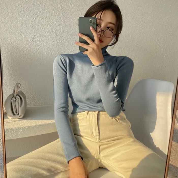 

South Korea Ins Autumn and Winter Simplicity Elegance Retro Basic Style Keep Warm Elastic Slim Fit Slimming Underwear Turtleneck