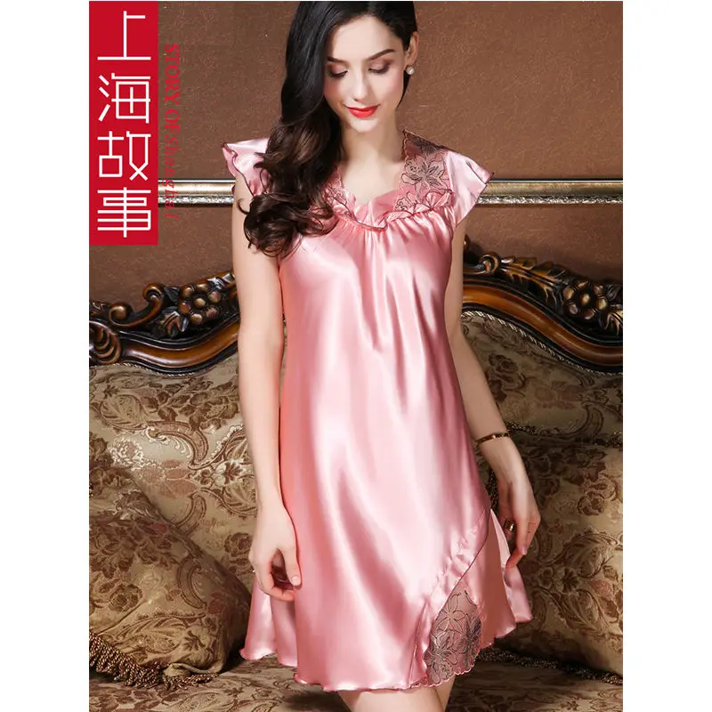 

Shanghai story ice pajamas women summer lace suspender sexy hot silk like nightdress Korean Short Sleeve home clothes