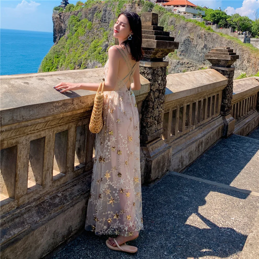 

Summer Women Star Embroidery Decoration V-neck Long Dress Beach Holiday Spaghetti Strap Elegant Dresses Beach Style Backless