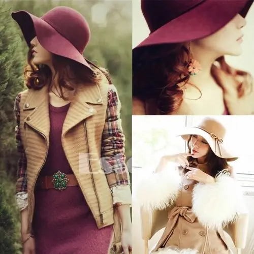 

2020 New Fedoras Hot Sun Vintage Women's Floppy Bowknot Cloche Cap Wide Brim Wool Felt Bowler Fedora Ladies Holiday Outdoor Hat