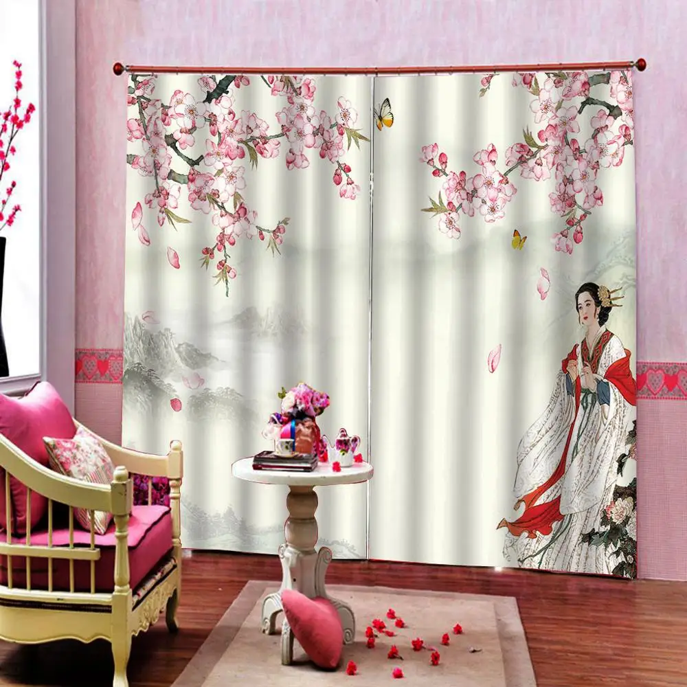 AAncient beauty landscape painting Curtains Plum blossom For Living room bedroom Blackout Window Drapes Sets 2 Panels With Hooks | Дом и сад