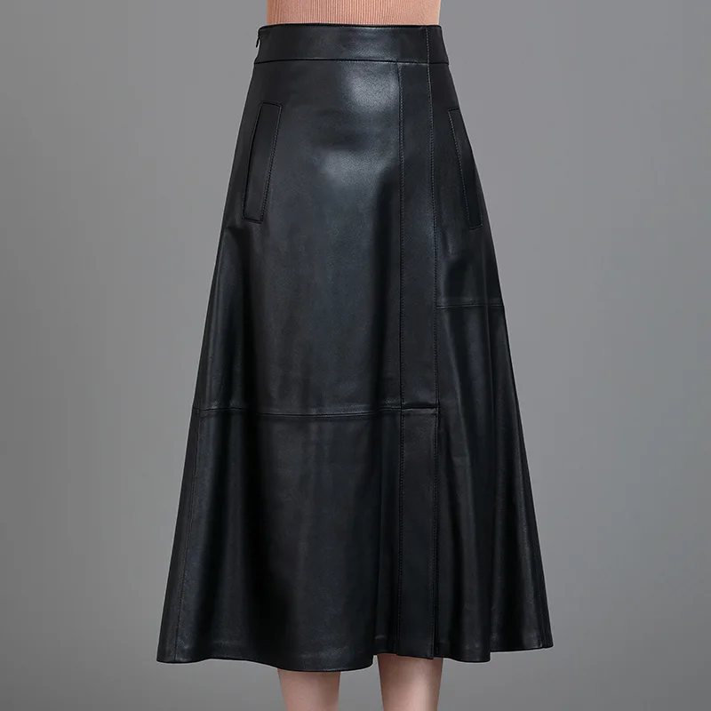 

Palace leather skirt, sheepskin dress with big swing, showing thin, covering belly, high waist, A-line lady's long skirt