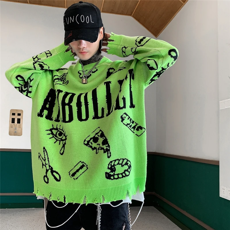 Хип-хоп Pull Homme зеленый свитер с круглым вырезом для мужчин