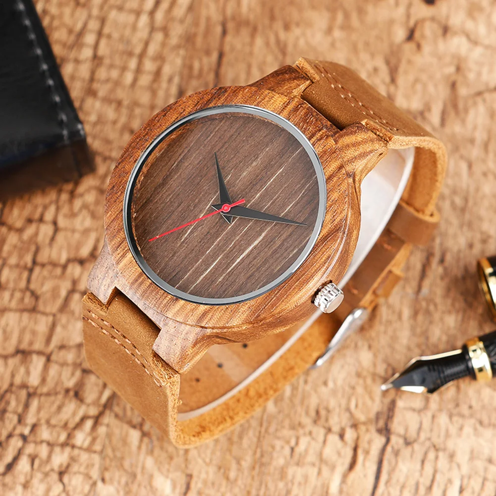 2021 New Fashion Watch Men Women Wood Round Dial Faux Leather Strap No Number  Casual Analog Quartz Wrist Watch montre homme