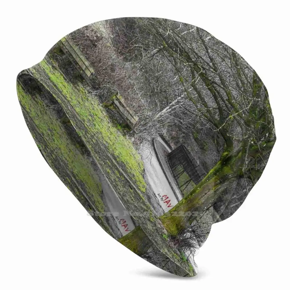 

Benches By The Tree Knit Beanie Hat Men's Winter Hats Warm Tree Bench Road Branch Branches Forest Fence Green Tint Park