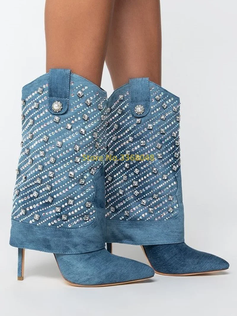 

Crystal Denim Western-inspired Bootie Folded Pointed Toe Stiletto High Heel Mid-Calf Runway Dress Women Boots New Arrival Shoes