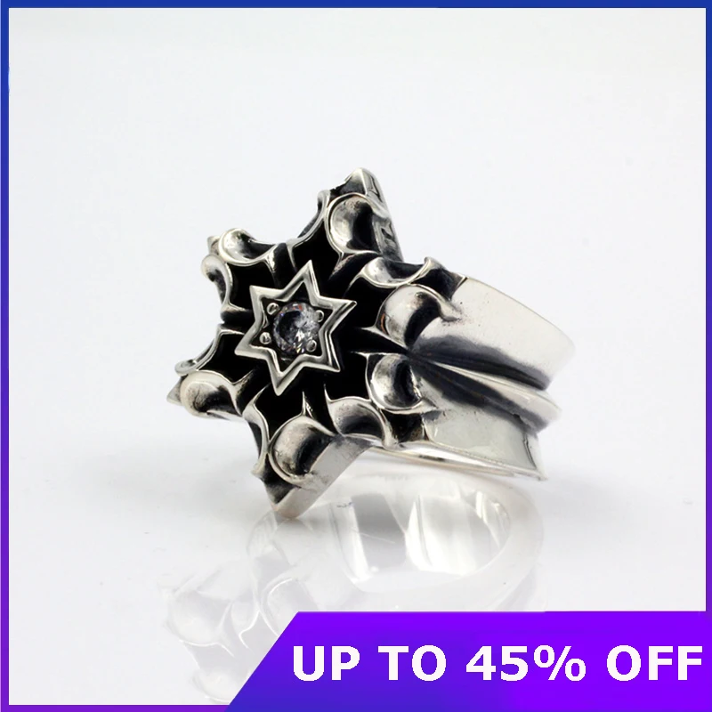 

Retro S925 Sterling Silver Vintage Thai Silver Ring for Men Hexagram Star Pattern Punk Rock Style Exaggerated Big Ring Jewelry