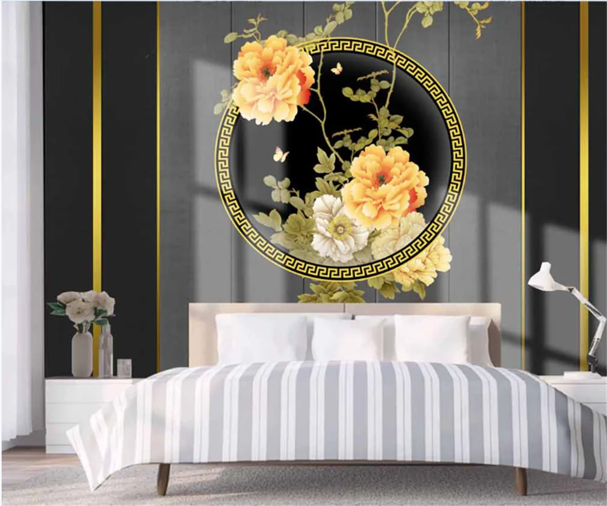 

Customize any size wallpaper mural new Chinese light luxury soft bag golden peony background wallpaper papel de parede 3d papier