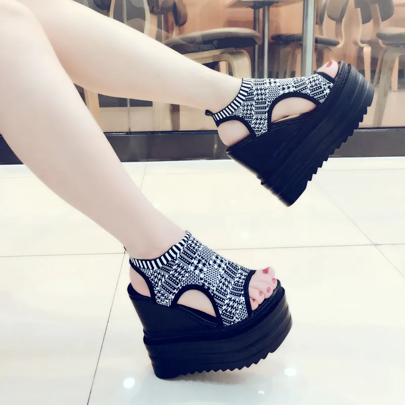 Летние модные женские босоножки Каблук 13 см Обувь на платформе Шикарные кожаные