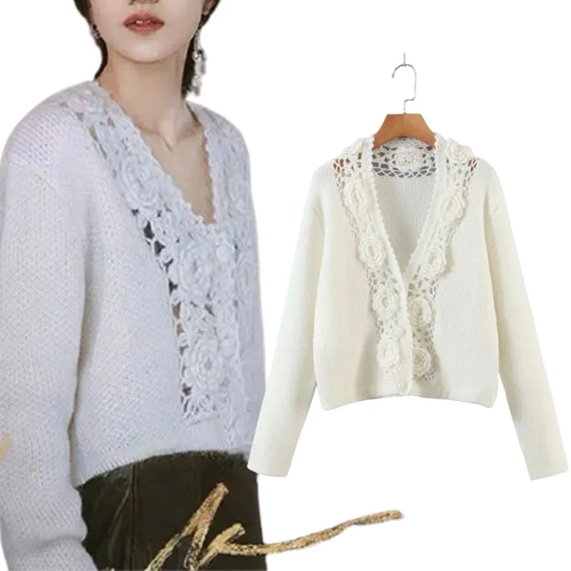 

Za Women 2021 Fashion Manual Bloom Knitted Cardigan Sweater Vintage Hollow out Long Sleeve Buttons Female Outerwear Chic Tops