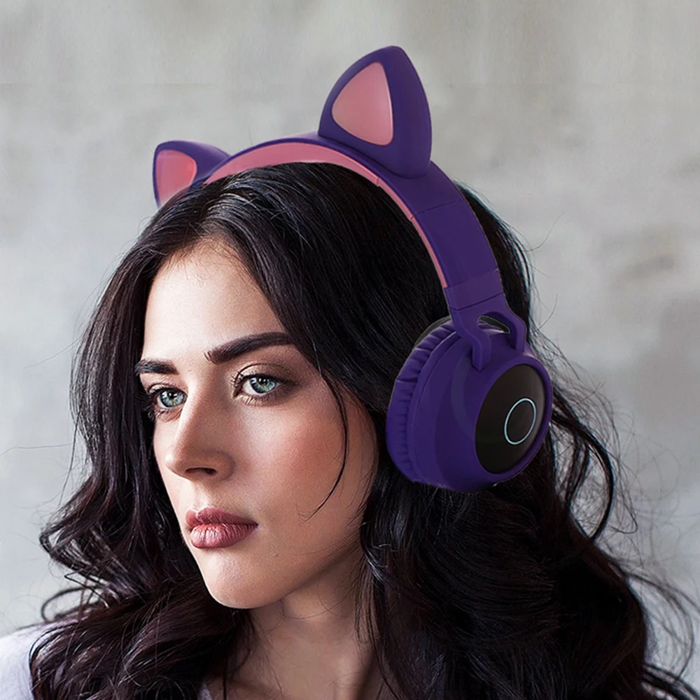 

Wireless Bluetooth 5.0 + AUX Wired Headphone Sports Gaming Headset Cute Headphones With LED Light Earphones USB Charge Fashion