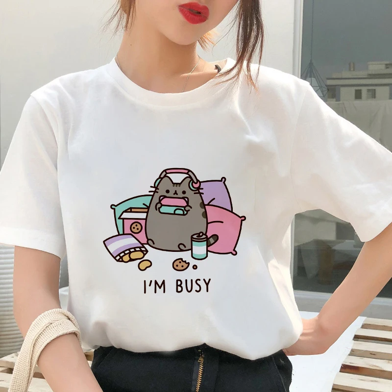 Kawaii, футболка с толстым котом, женская, новинка, летняя, милая, модная, короткий рукав, футболка, белая, тонкая, с секциями, хипстер, футболка, Топы, одежда