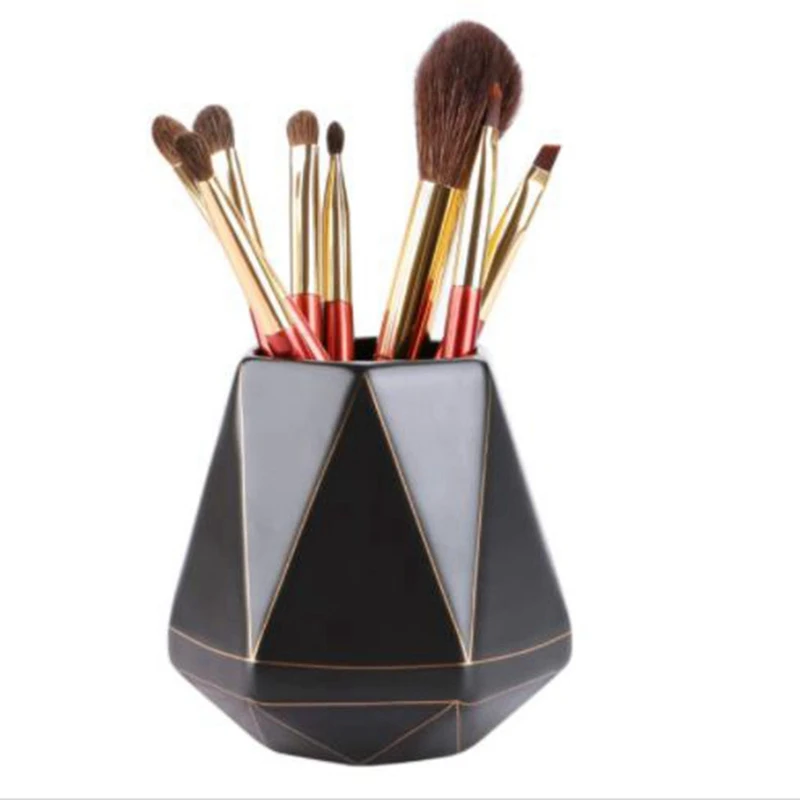 

NEW-Pencil Holder Organizer,Special Polyhedron Golden Pattern Ceramic Pen Holder [Pen Cup] [Makeup Brush Holder]