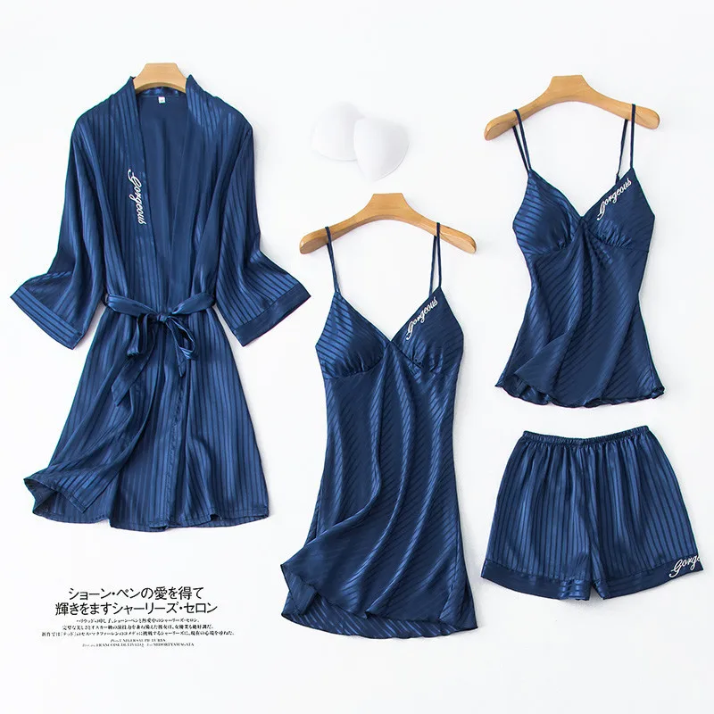 

4PCS Bathrobe Sleepwear Kimono Gown WOMEN Nightwear Intimate Lingerie Satin Sexy Homewear Sleep Set Casual Striped Nightgown