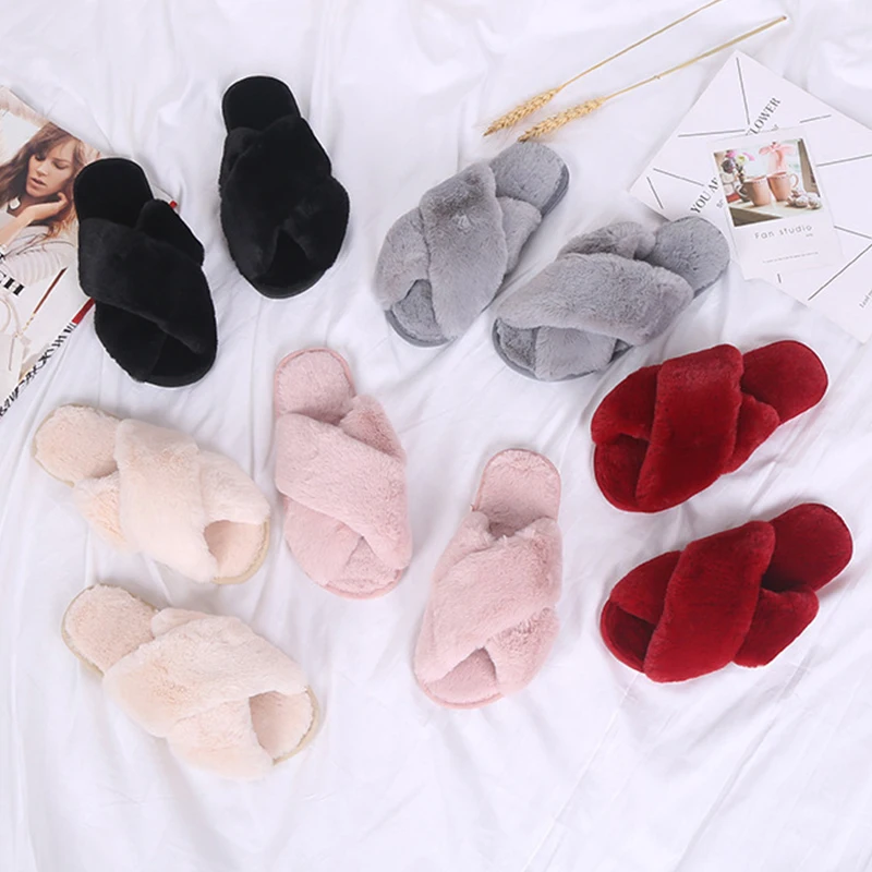 

2021 Winter Women House Slippers Faux Fur Fashion Cross Warm Shoes Woman Flats Female Open Toes Slides Pink Cozy Furry Slippers