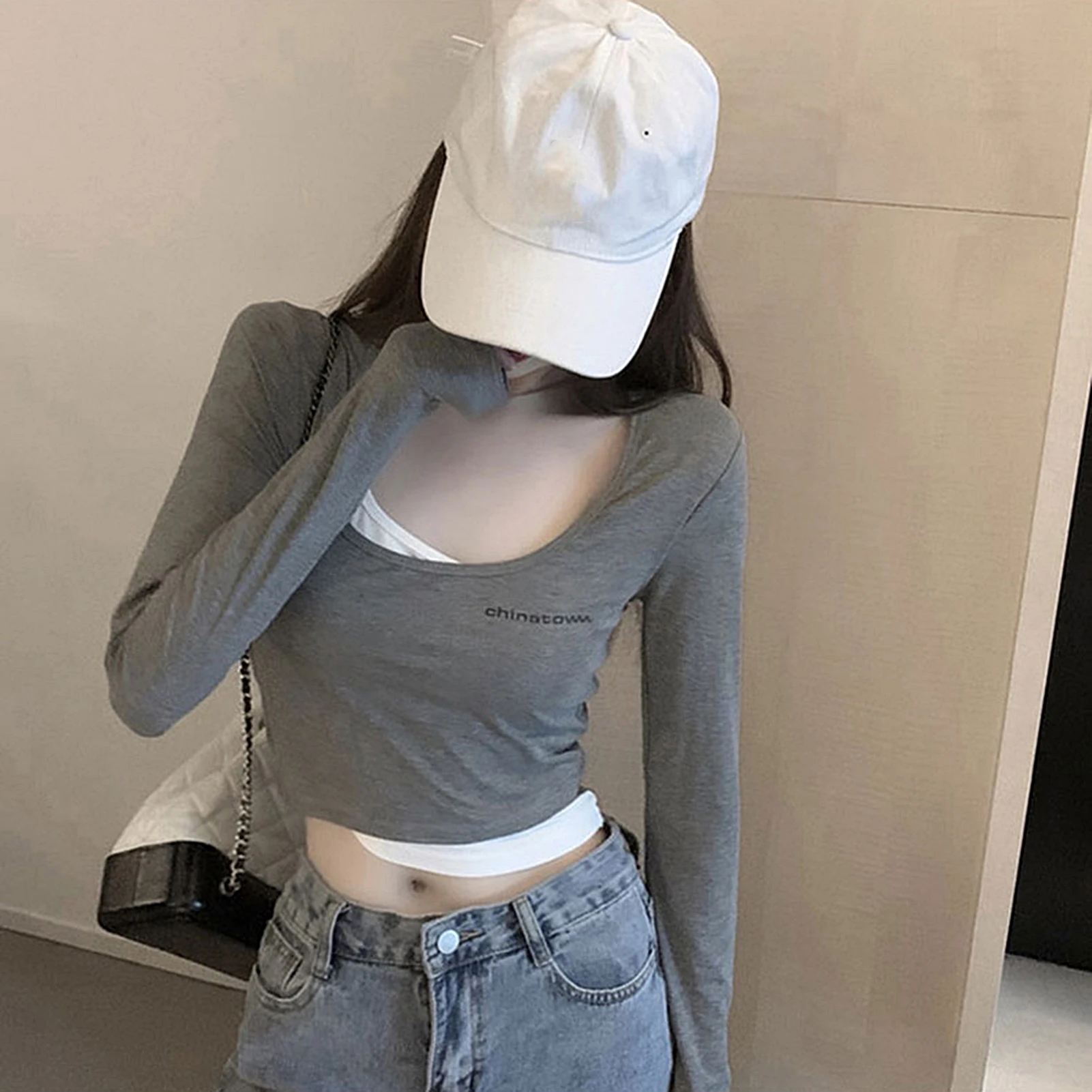 

Women Chic Long Sleeve Letters Print Fake Two Piece Blouse Slim Blouse Crop Top