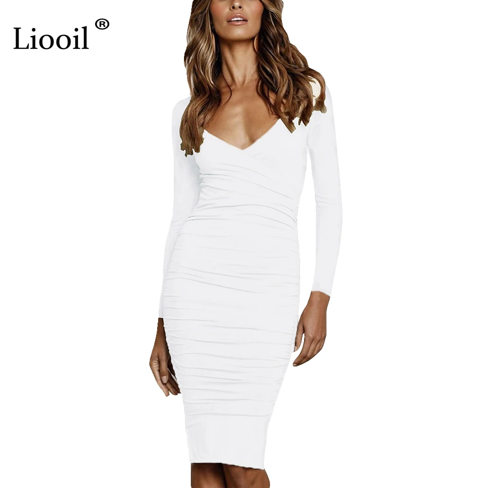 Liooil Fall Sexy V Neck White Midi Bodycon Dress Women Autumn Winter Stretchy Long Sleeve Club Party Tight Fitted Dresses