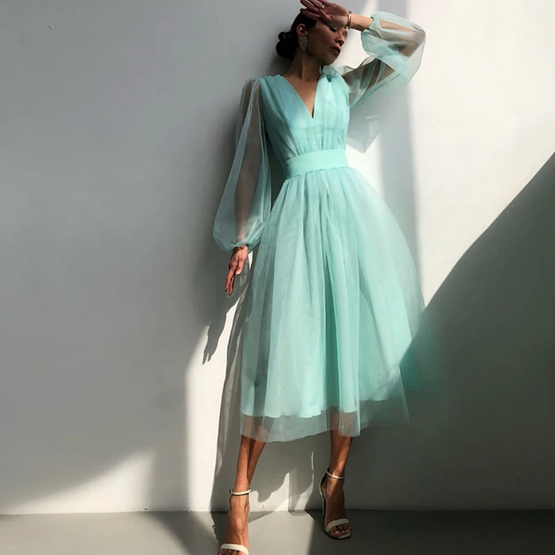 

Fall 2021 Brand New Women Dress V-neck Puff Sleeve Mesh Midi Dress Plus Size Fairy Tulle Lace Dress Elegant Long Dress Vestidos