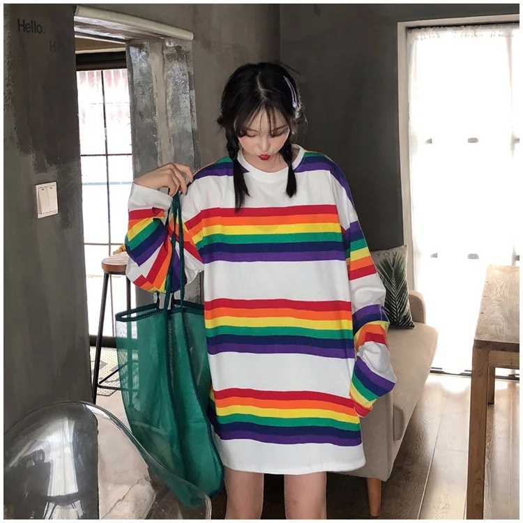 Women sweetshirts 2021 autumn Korean version of the rainbow striped long-sleeved loose top net red clothes Oversized hoodie tops