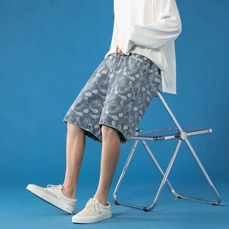 

Cashew Flower Jeans Thin Men Summer Wide-leg Straight Shorts Loose Oversize Overalls Casual Denim Pants Plus Size Clothes Hiphop