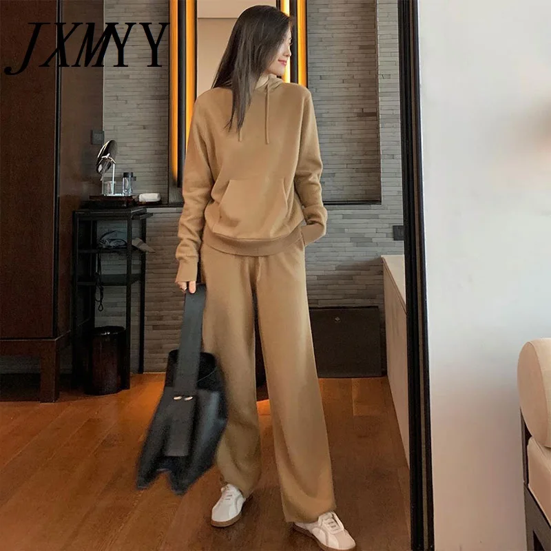 

French Lazy Style Casual Hooded Pullover Knit Suit Women's Autumn And Winter New Simple Wide-Leg Pants Sweater Two-Piece Suit