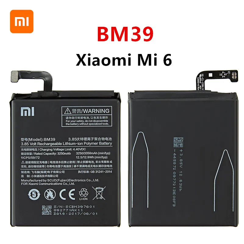

XIAOMI Orginal BM39 3350mAh Battery For Xiaomi 6 Mi 6 Mi6 BM39 High Quality Phone Replacement Batteries