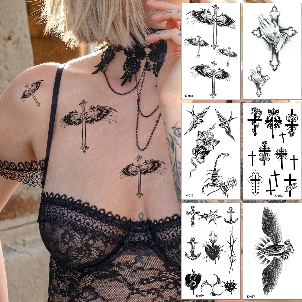 

Waterproof Temporary Tattoo Stickers Cross Feather Wings Viper Praying Black Heart Tattoos Chest Shoulder Fake Man Woman Child