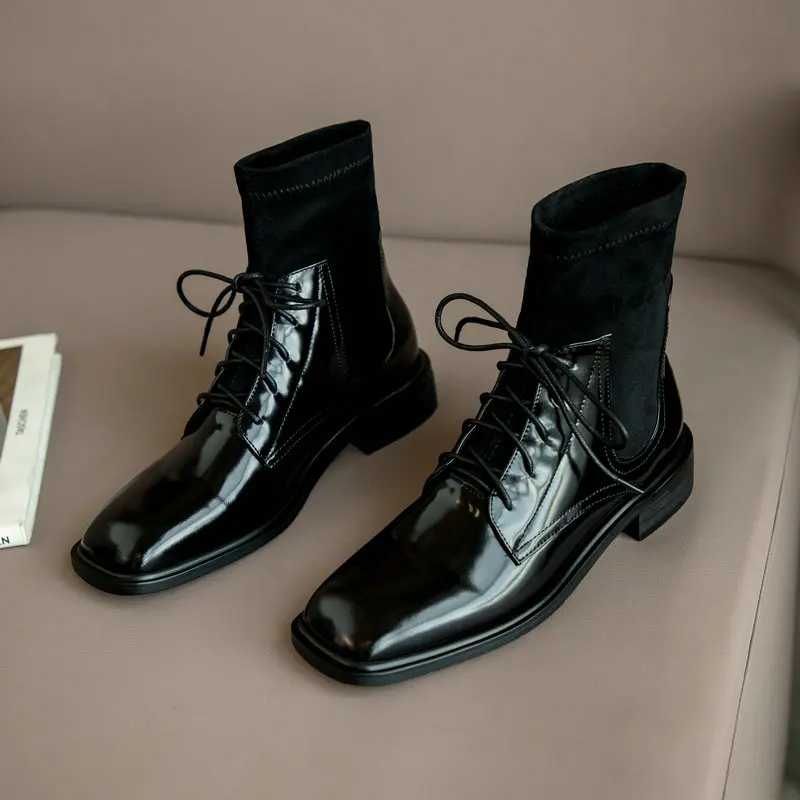 

2020 New Black Genuine Leather Women Ankle Women Boots Classic Round Toe Square Heels Cross-tied Western Boots Office Shoes