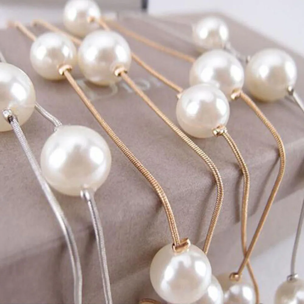 

Long Double Layer Pearls Ladies Necklaces For Women Clavicle Jewelry Vintage Sweater Silver Chain