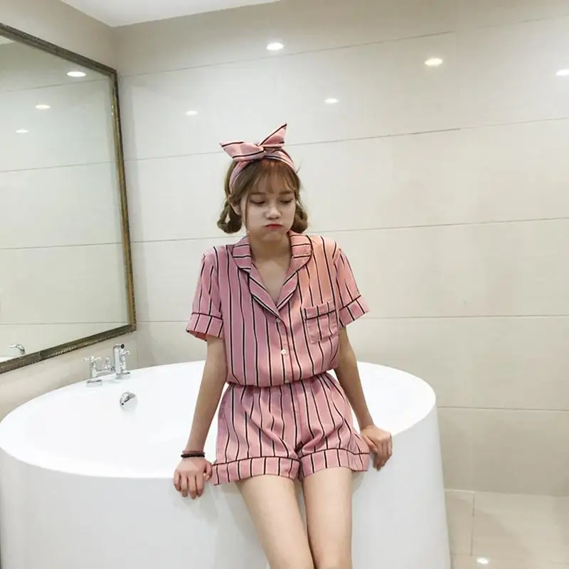 striped pink 3 шт./компл. Для женщин Повседневное ночная рубашка, одежда для сна, с вертикальными полосками короткие, пижама с длинными рукавами для девочек+ шорты+ повязка на голову, комплект Домашняя одежда дамское нижнее белье - Цвет: striped pink