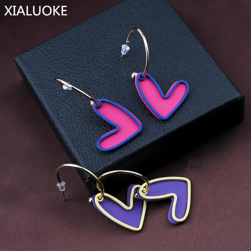 

XIALUOKE Summer New Fashion Geometric Candy Color Heart Pendant Earrings For Women Cute Romantic Drop Earrings Beach Jewelry
